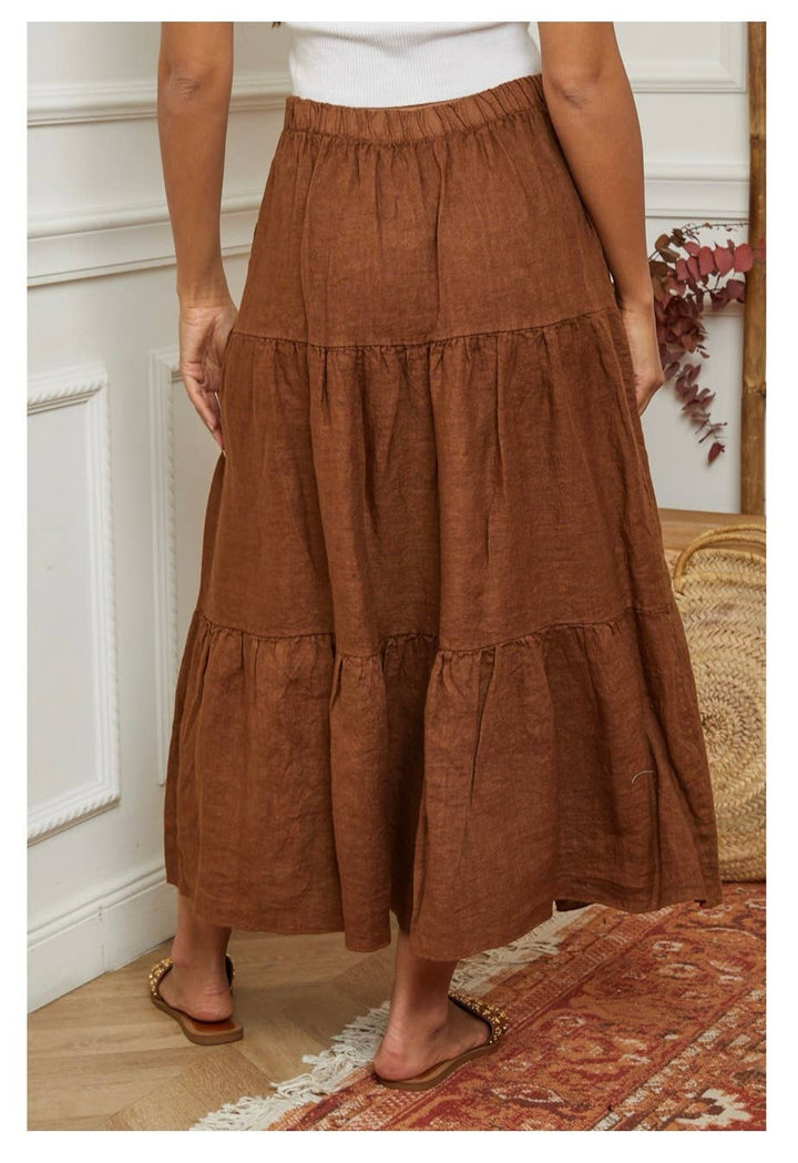 Italian Linen Tiered Maxi Skirt in Copper