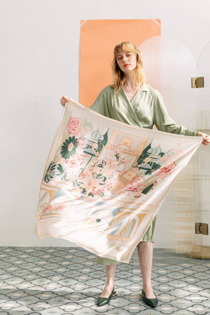 Lost Pattern NYC - "Vintage Blooms" Large Silk Square Scarf - Champagne