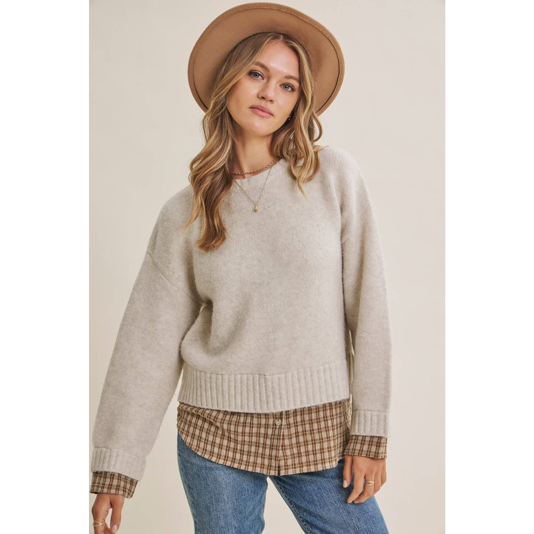 COUNTRY ROAD LAYERED PLAID HEM SWEATER