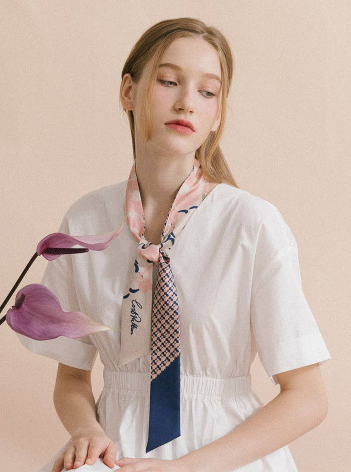 Lost Pattern NYC - "Floral Houndstooth" Silk Skinny Scarf - Blue