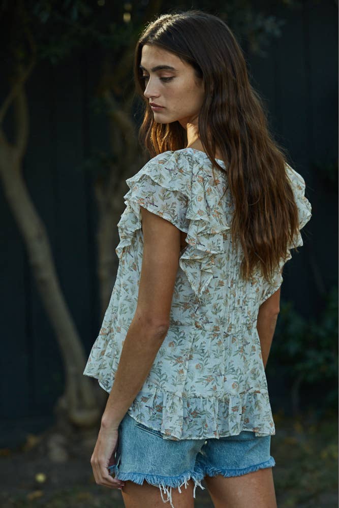 Floral Print Sweetheart Neck Ruffle Blouse