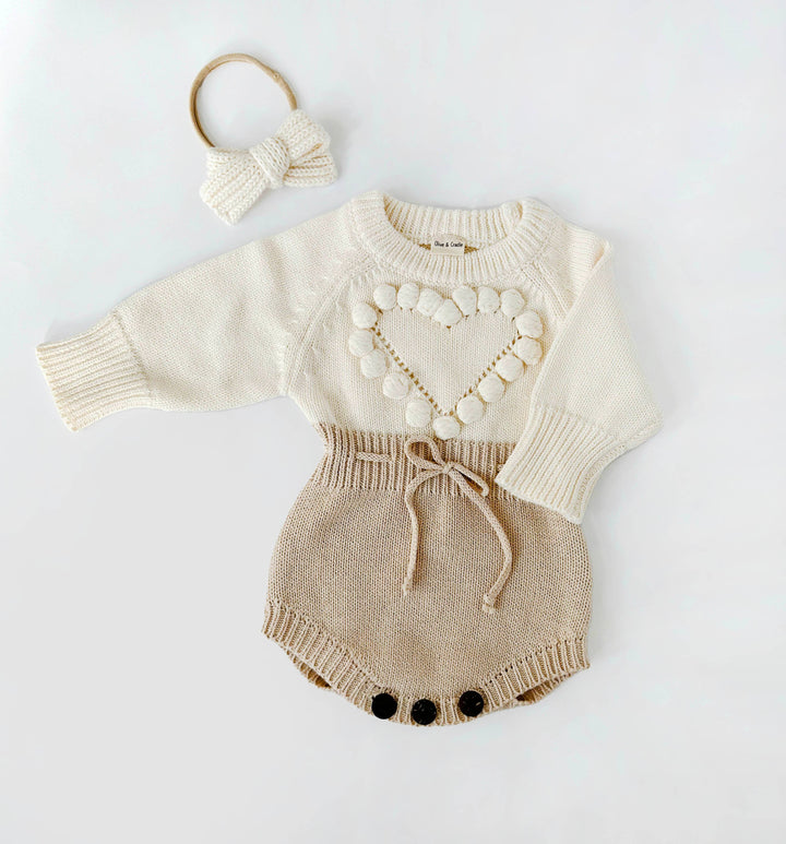 OLIVE & CRADLE - Baby Girl HEART Sweater Romper Knit Outfit