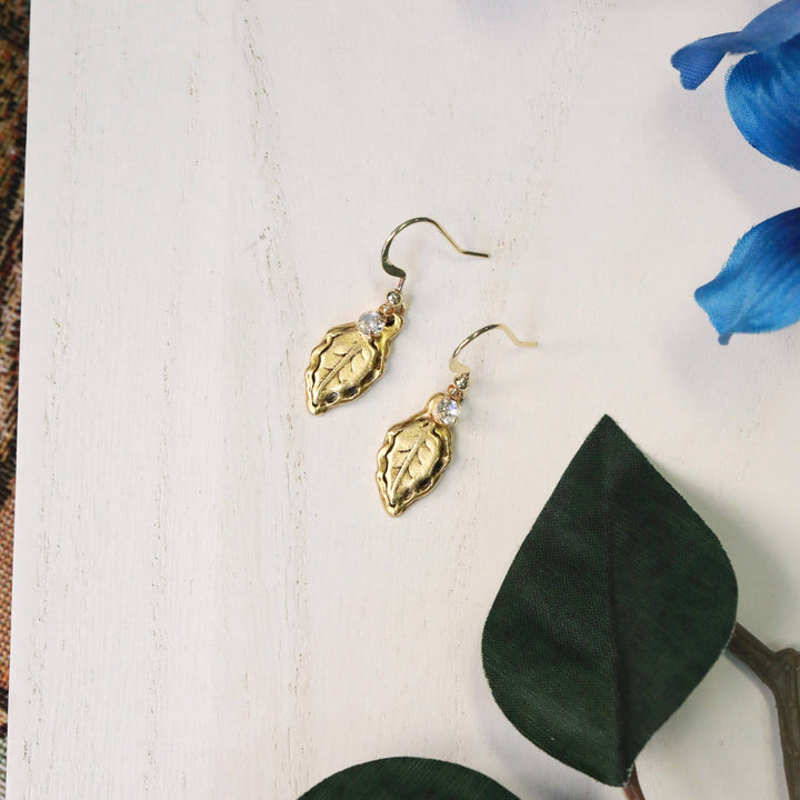 Forest Leaf Charm Earrings: Gold Plated Pewter with CZ charm