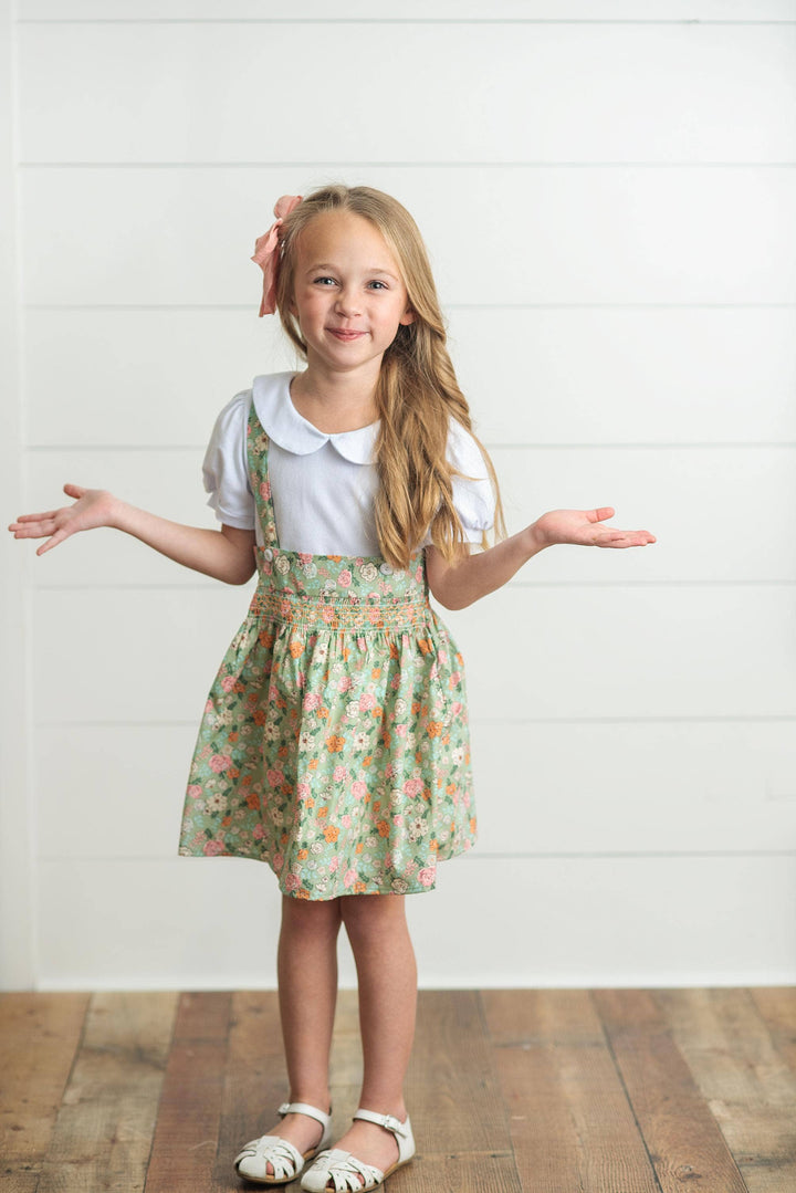 Kids Sage & White Floral Jumper Skirt Easter Collar Set