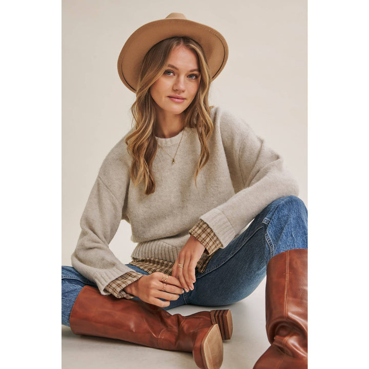 COUNTRY ROAD LAYERED PLAID HEM SWEATER