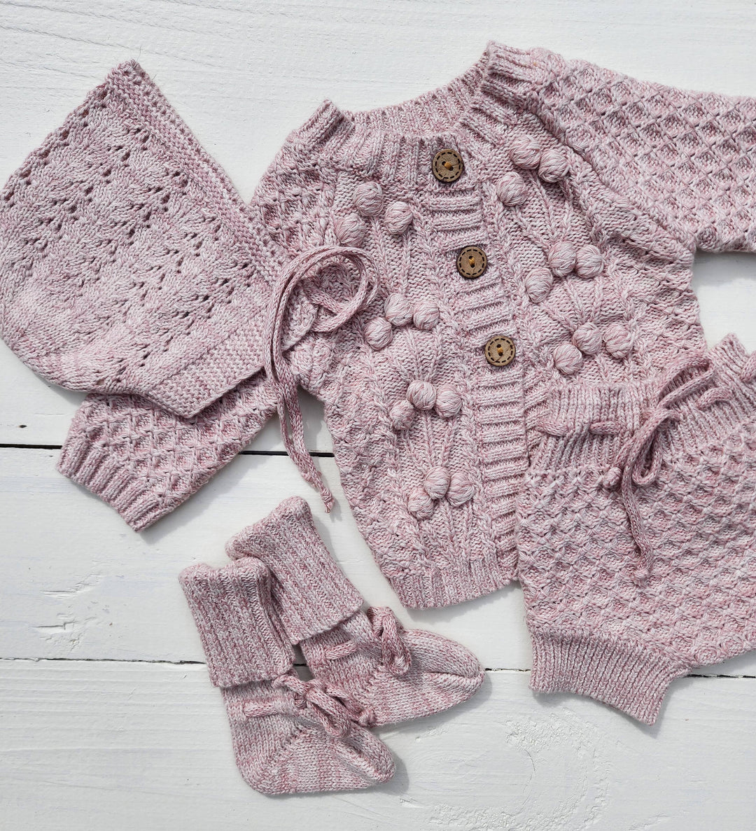 OLIVE & CRADLE - Baby Knit Outfit 4PC SET Sweater Bloomer Booties bonnet