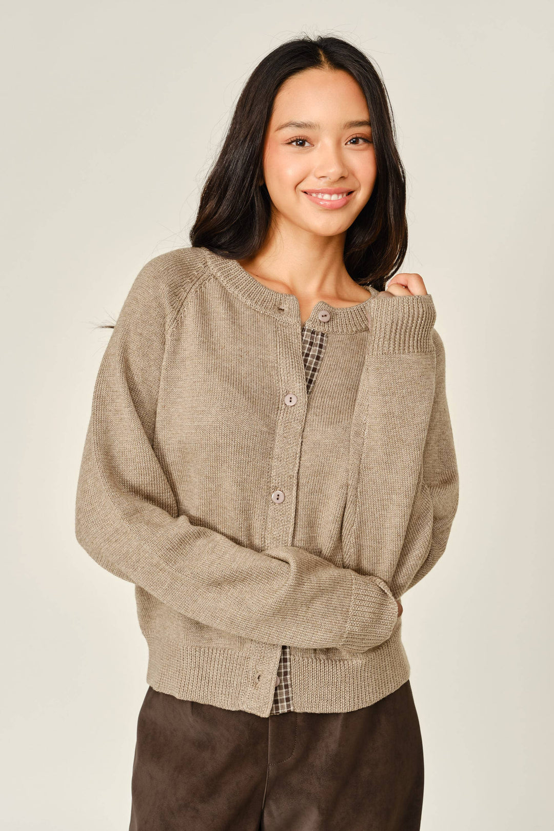 PRE-ORDER-PLAID PLACKET WOOL BlEND CARDIGAN- MUSHROOM