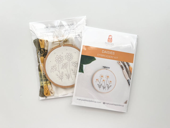 Matryoshka Doll Shop - Daisies embroidery DIY kit, beginner embroidery kit