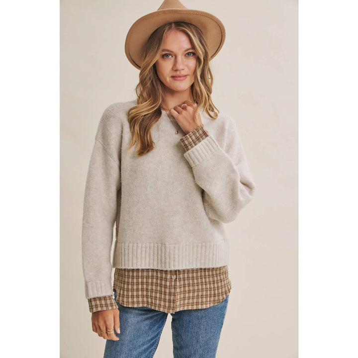 COUNTRY ROAD LAYERED PLAID HEM SWEATER