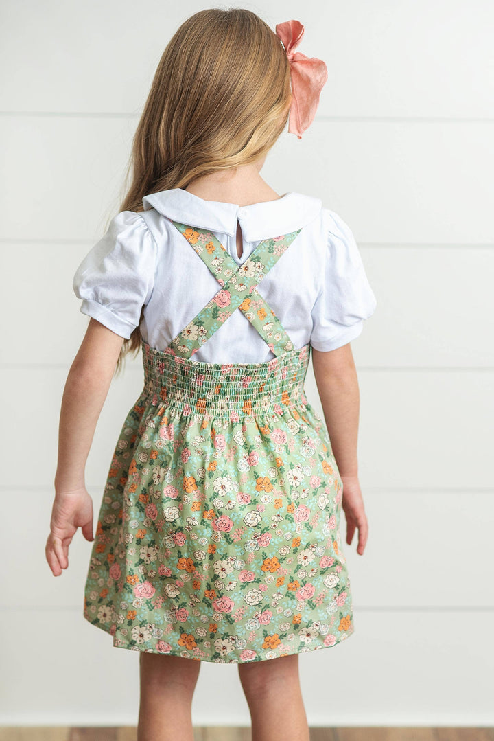 Kids Sage & White Floral Jumper Skirt Easter Collar Set