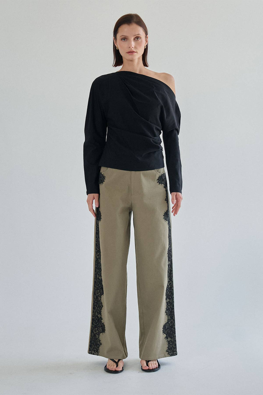 The Margot Lace-Trim Twill Pant — Olive
