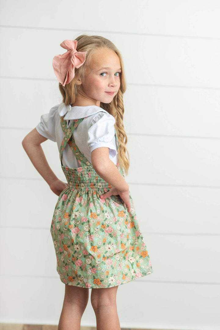 Kids Sage & White Floral Jumper Skirt Easter Collar Set