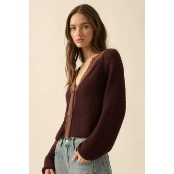 Ribbed Knit Contrast Cardigan Sweater