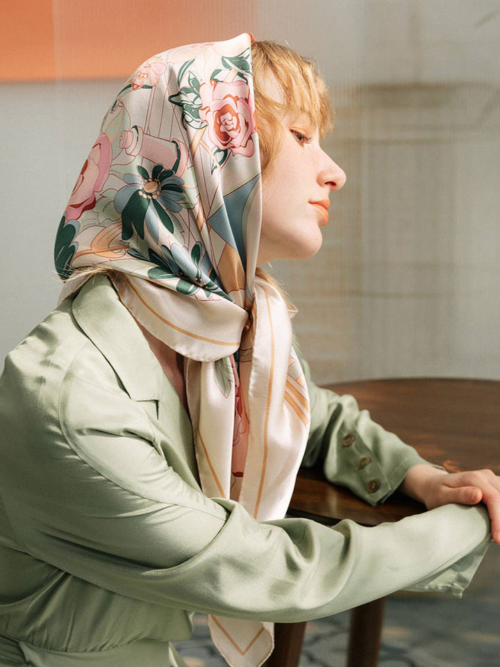 Lost Pattern NYC - "Vintage Blooms" Large Silk Square Scarf - Champagne