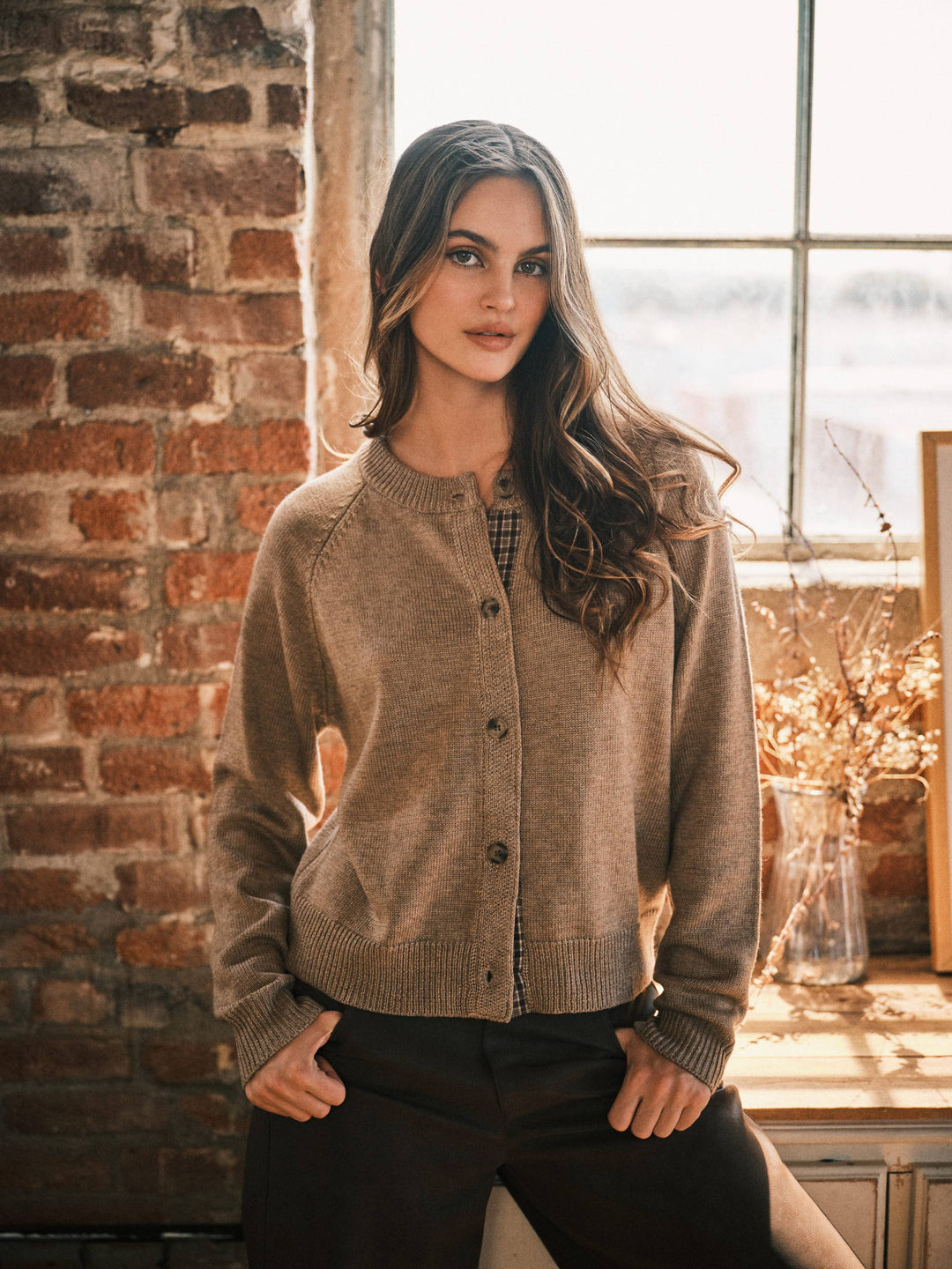 PRE-ORDER-PLAID PLACKET WOOL BlEND CARDIGAN- MUSHROOM