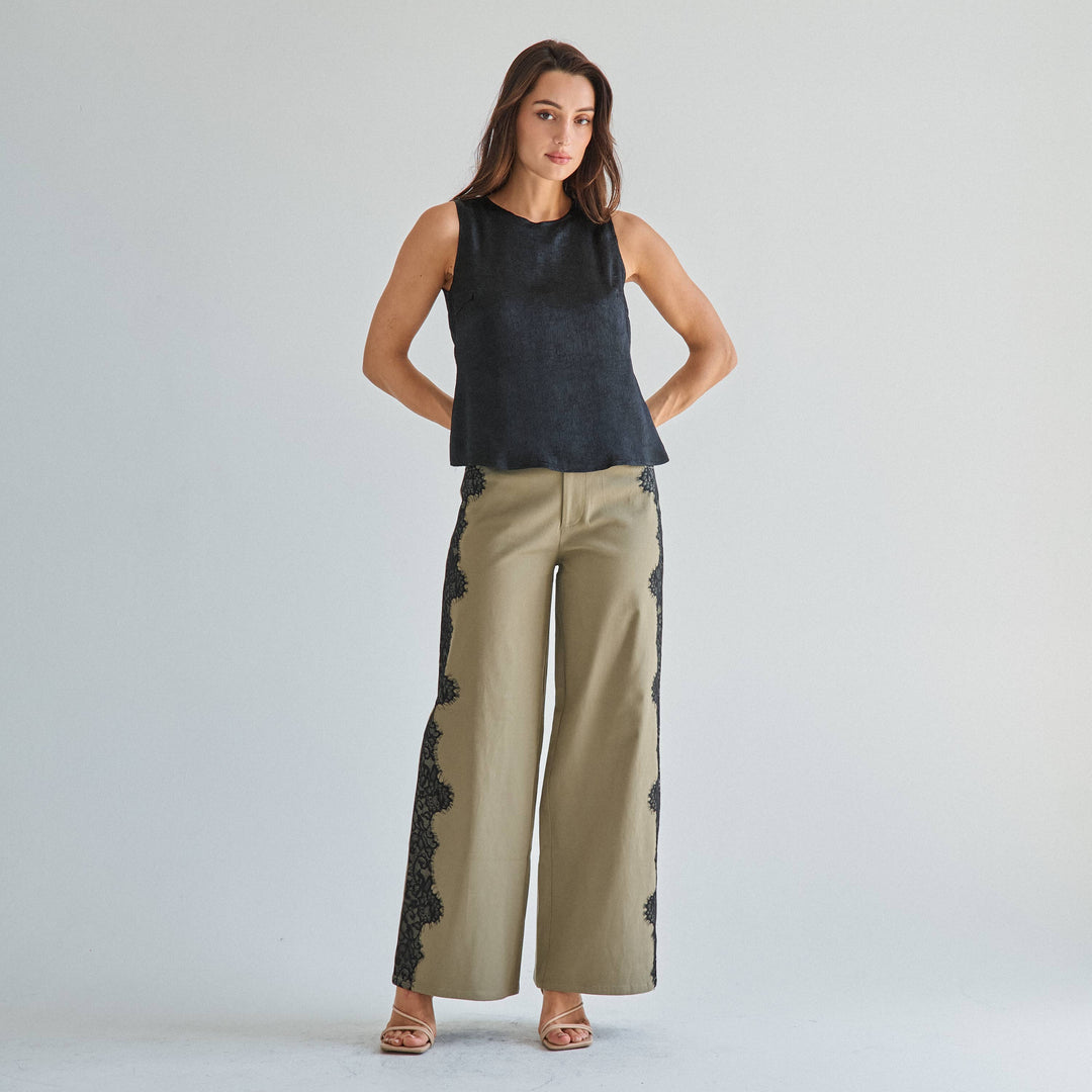 The Margot Lace-Trim Twill Pant — Olive