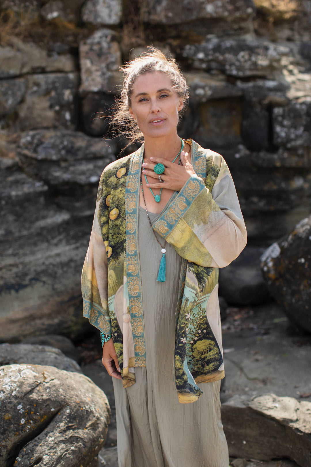 Tree of Life Bamboo Bohemian Kimono Cardigan with Belt