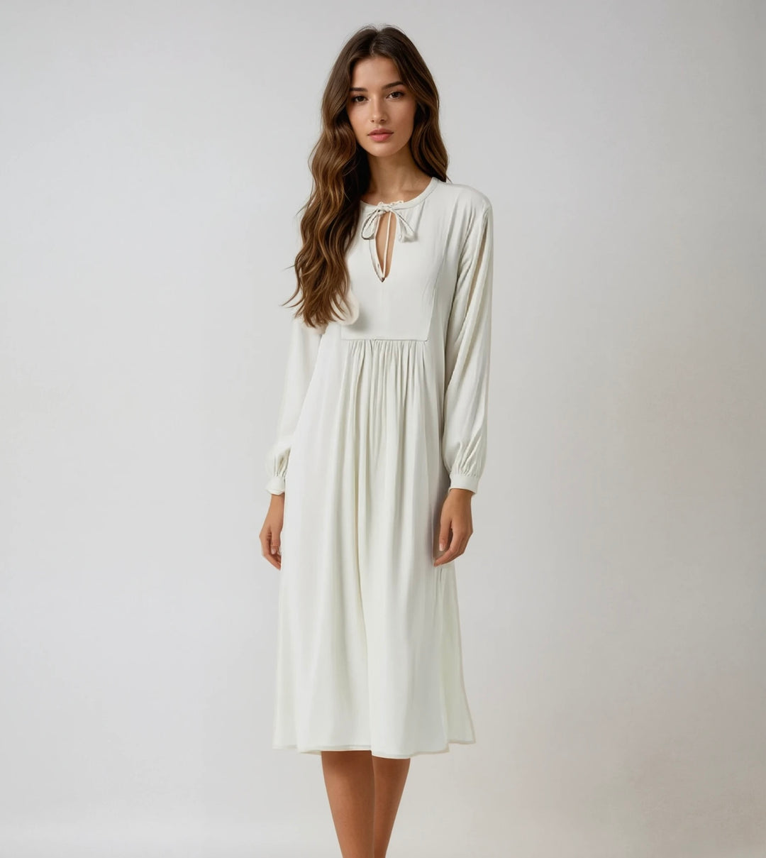 James Perse Linen blend dress with long sleeves, V-neck sash-tie closure, Mindi length: Small