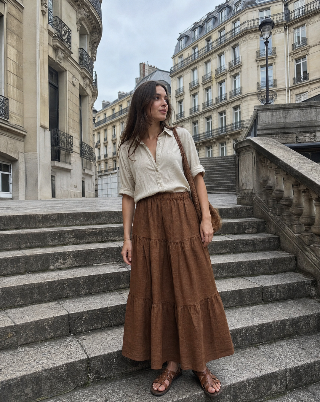 Italian Linen Tiered Maxi Skirt in Copper