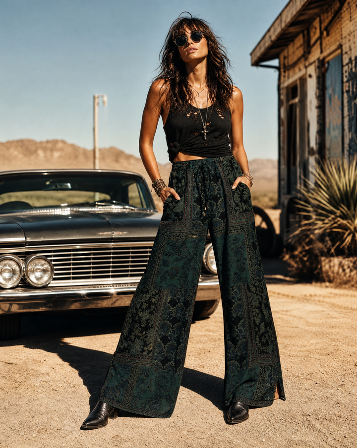 Printed Overdyed Wide-Leg Pants