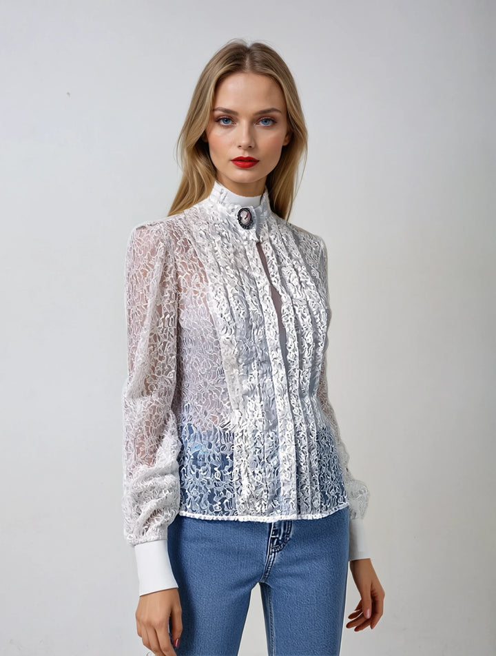 Vintage-Julie Lynn While Long Sleeve Lace Blouse