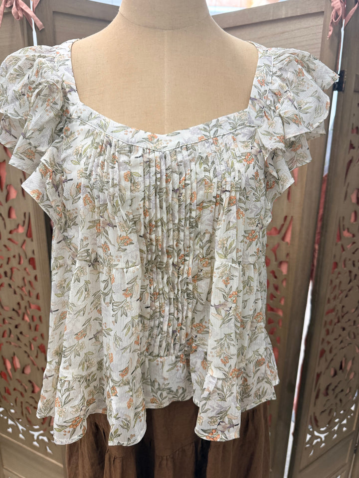 Floral Sweetheart Neck Ruffle Blouse
