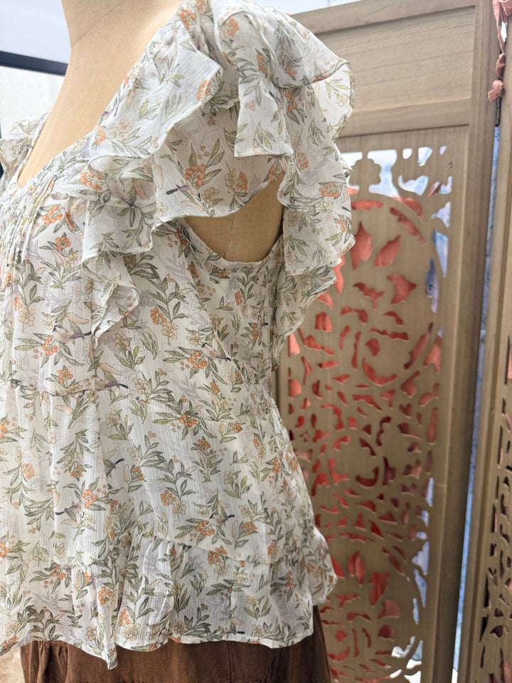 Floral Sweetheart Neck Ruffle Blouse
