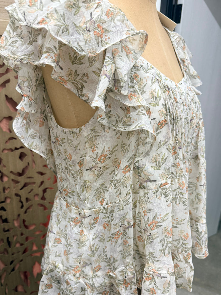 Floral Sweetheart Neck Ruffle Blouse
