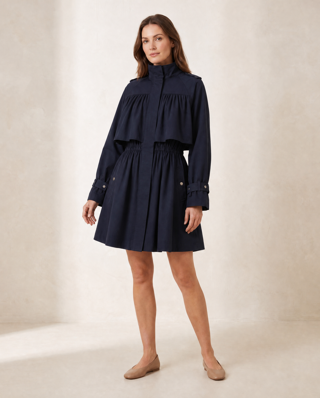 Pre-Order-Navy Shirred Tunnel Neck Trench Coat