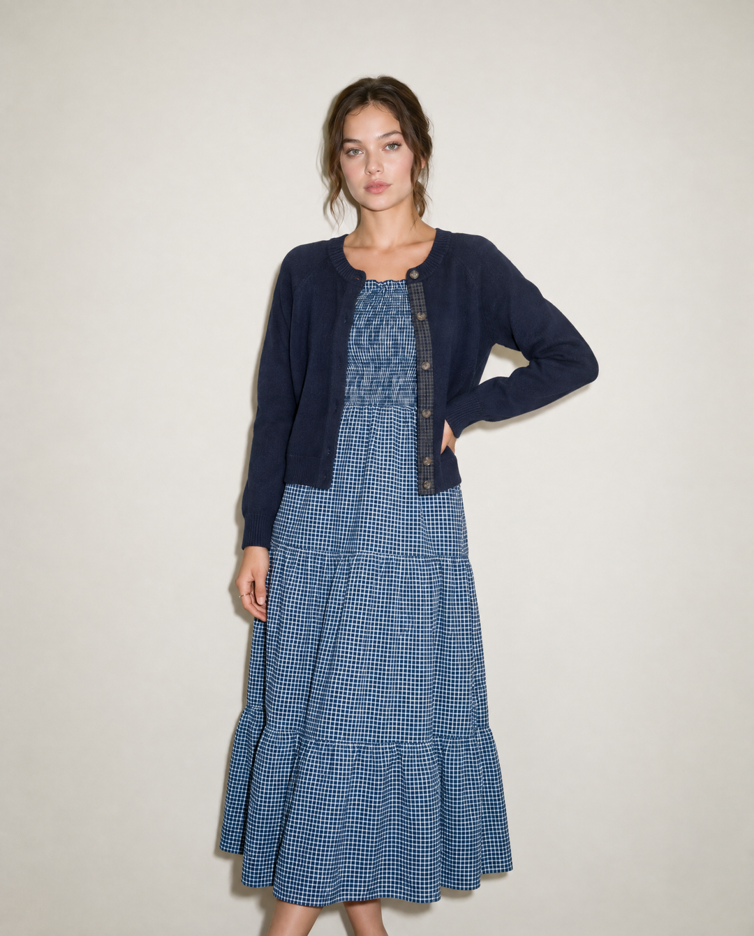 Plaid Placket Wool Blend Cardigan – Navy