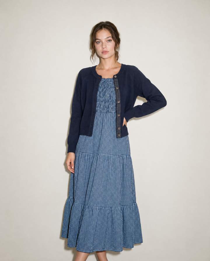Plaid Placket Wool Blend Cardigan – Navy