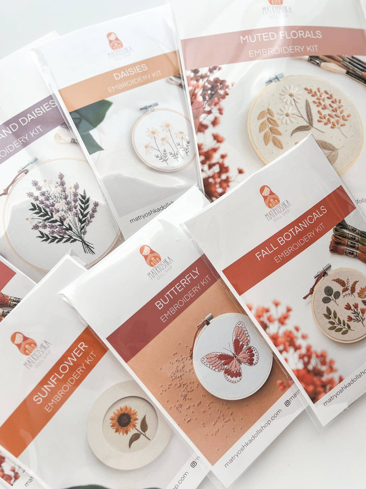Matryoshka Doll Shop - Floral Embroidery DIY Kit, modern embroidery craft kit