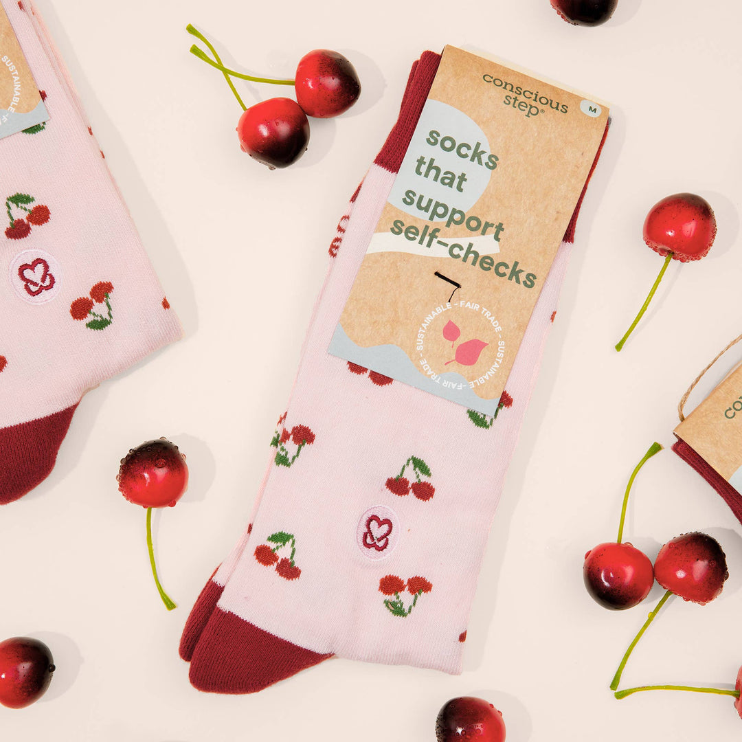 Conscious Step - Socks that Support Self-Checks (Pink Cherries)