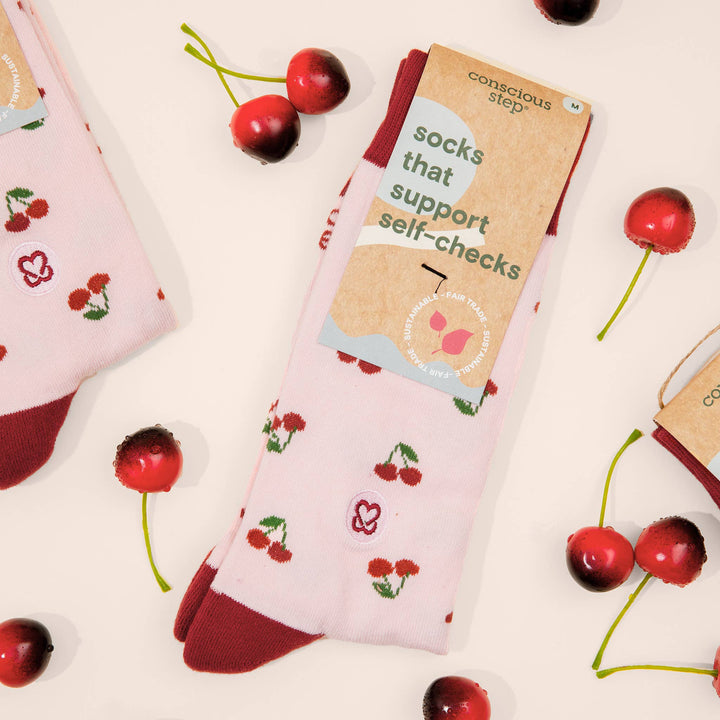 Conscious Step - Socks that Support Self-Checks (Pink Cherries)