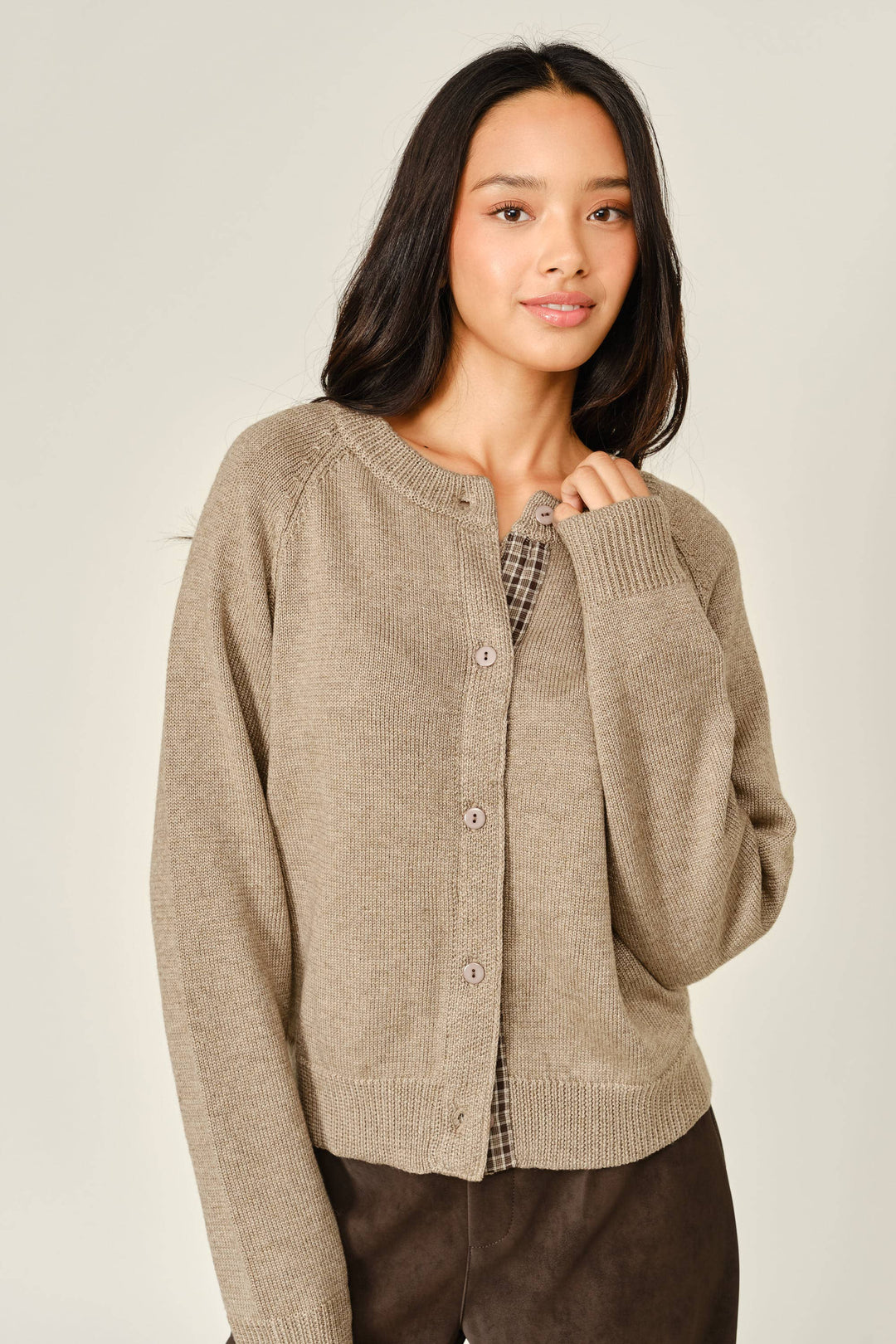 PRE-ORDER-PLAID PLACKET WOOL BlEND CARDIGAN- MUSHROOM