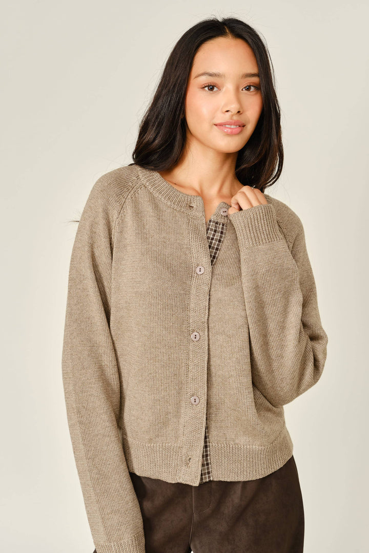 PRE-ORDER-PLAID PLACKET WOOL BlEND CARDIGAN- MUSHROOM