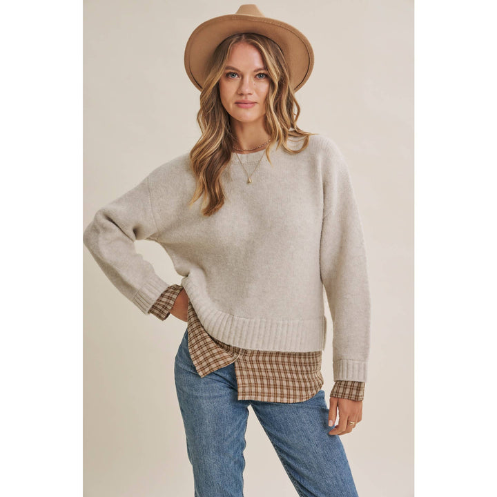 COUNTRY ROAD LAYERED PLAID HEM SWEATER