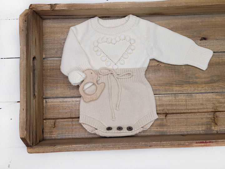 OLIVE & CRADLE - Baby Girl HEART Sweater Romper Knit Outfit
