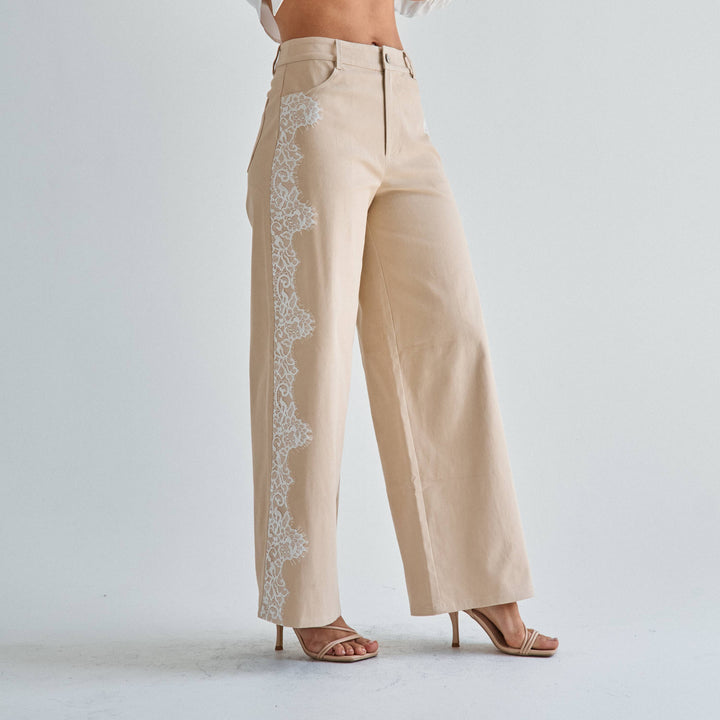 The Margot Lace-Trim Twill Pant — Olive