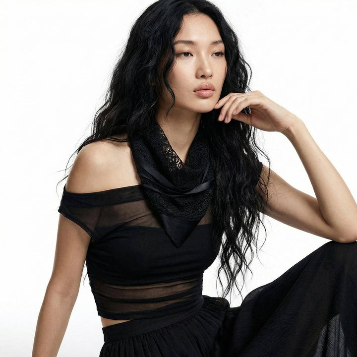 Black Lace Neckerchief Cowl with Lambskin Leather