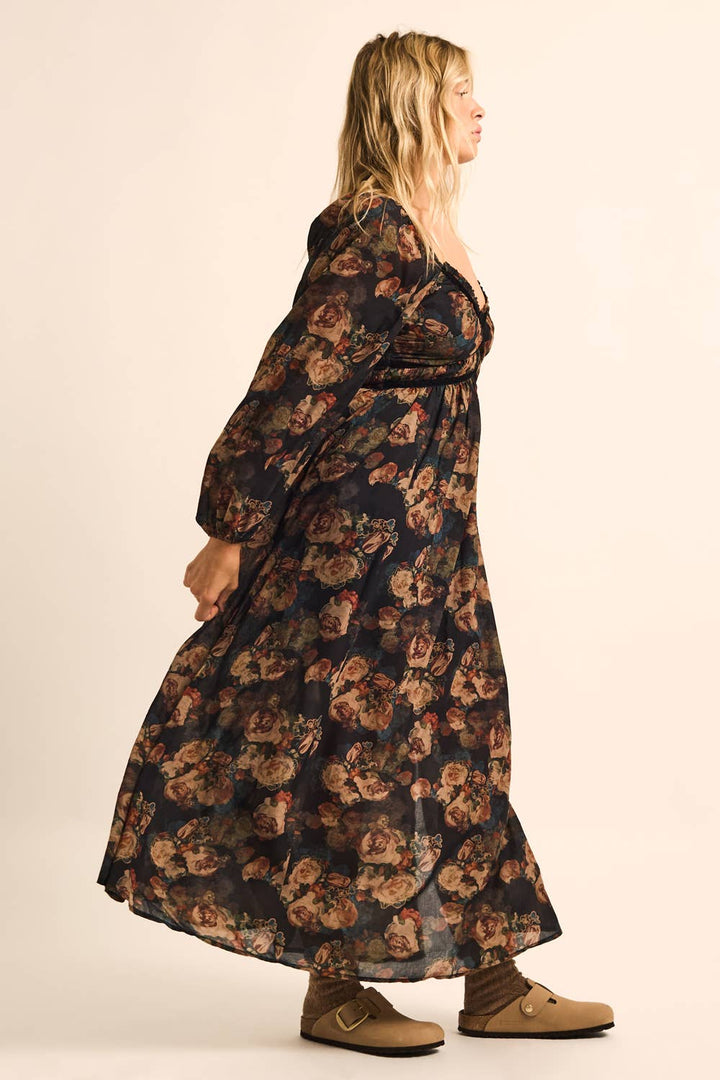 Floral-Print Velvet-Trimmed Bubble-Sleeve Maxi Dress