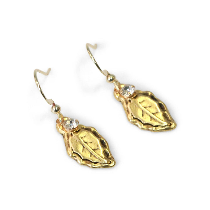 Forest Leaf Charm Earrings: Gold Plated Pewter with CZ charm