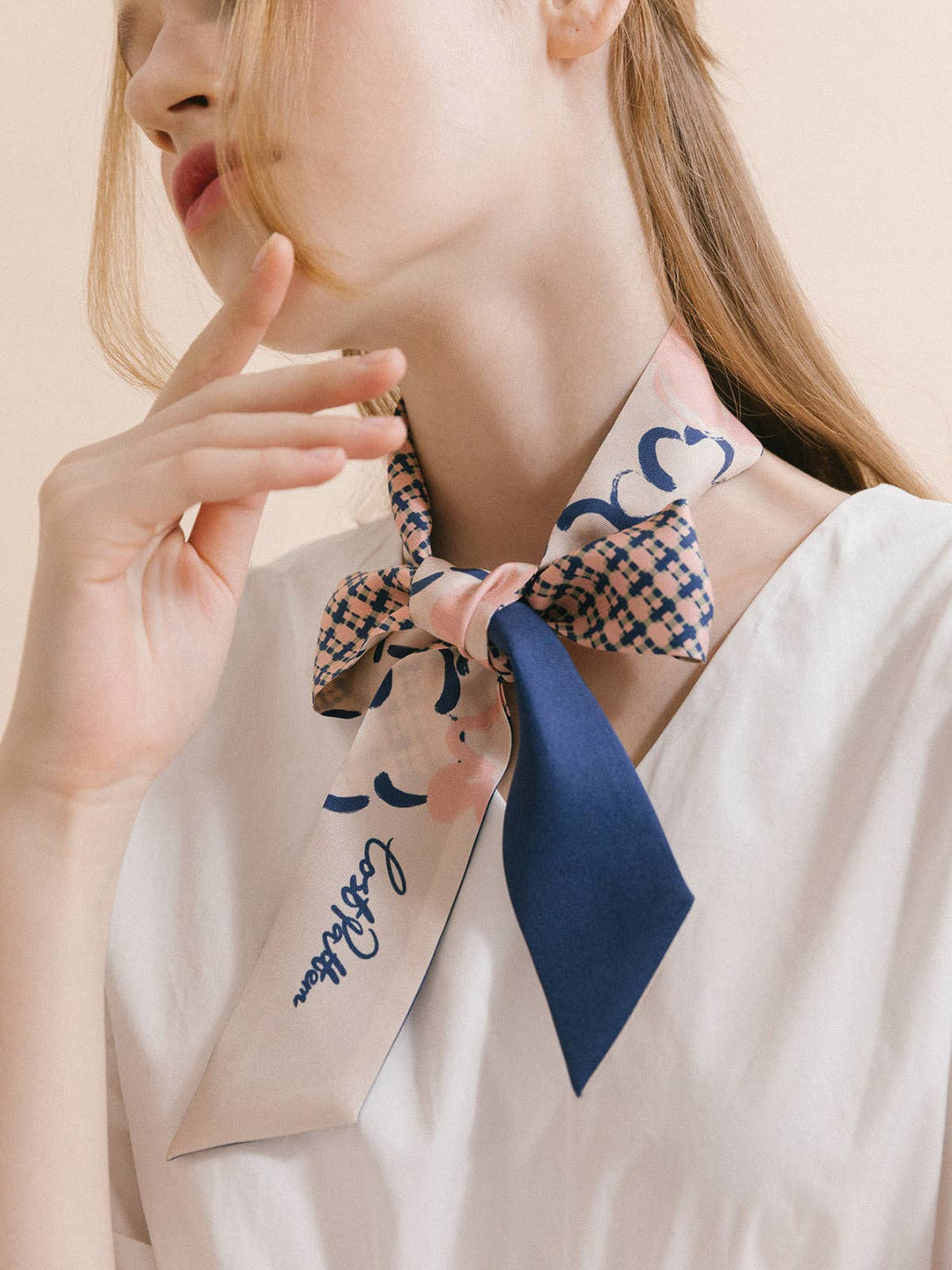 Lost Pattern NYC - "Floral Houndstooth" Silk Skinny Scarf - Blue