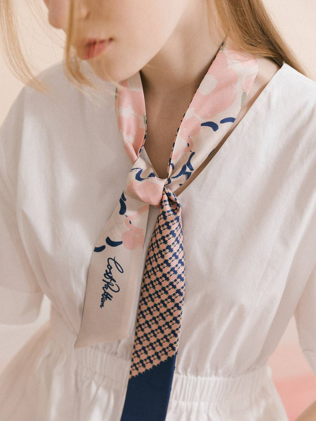 Lost Pattern NYC - "Floral Houndstooth" Silk Skinny Scarf - Blue