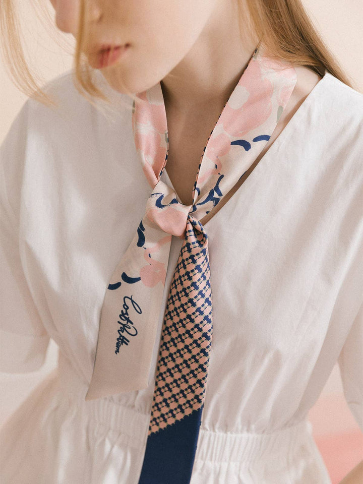 Lost Pattern NYC - "Floral Houndstooth" Silk Skinny Scarf - Blue