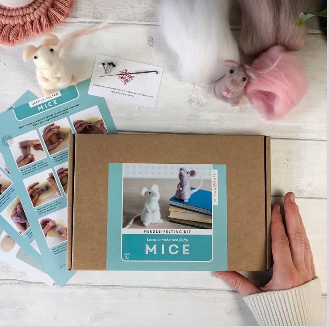 Bergin &amp; Bath Mice Needle Felting Kit box with finished felted mice and instructions