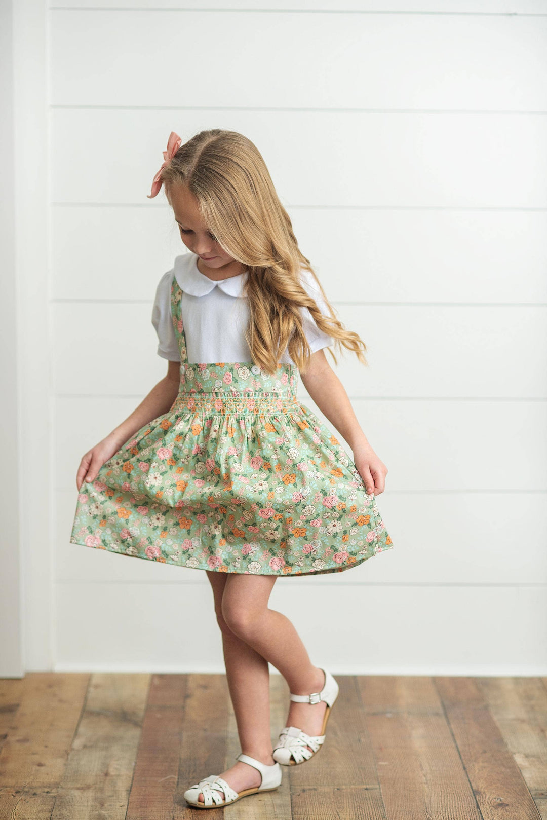 Kids Sage & White Floral Jumper Skirt Easter Collar Set