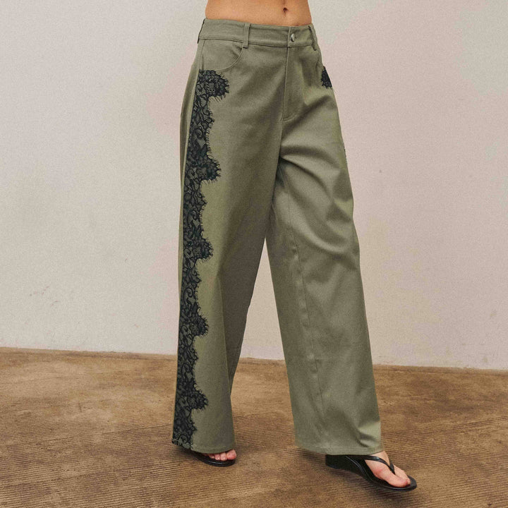 The Margot Lace-Trim Twill Pant — Olive