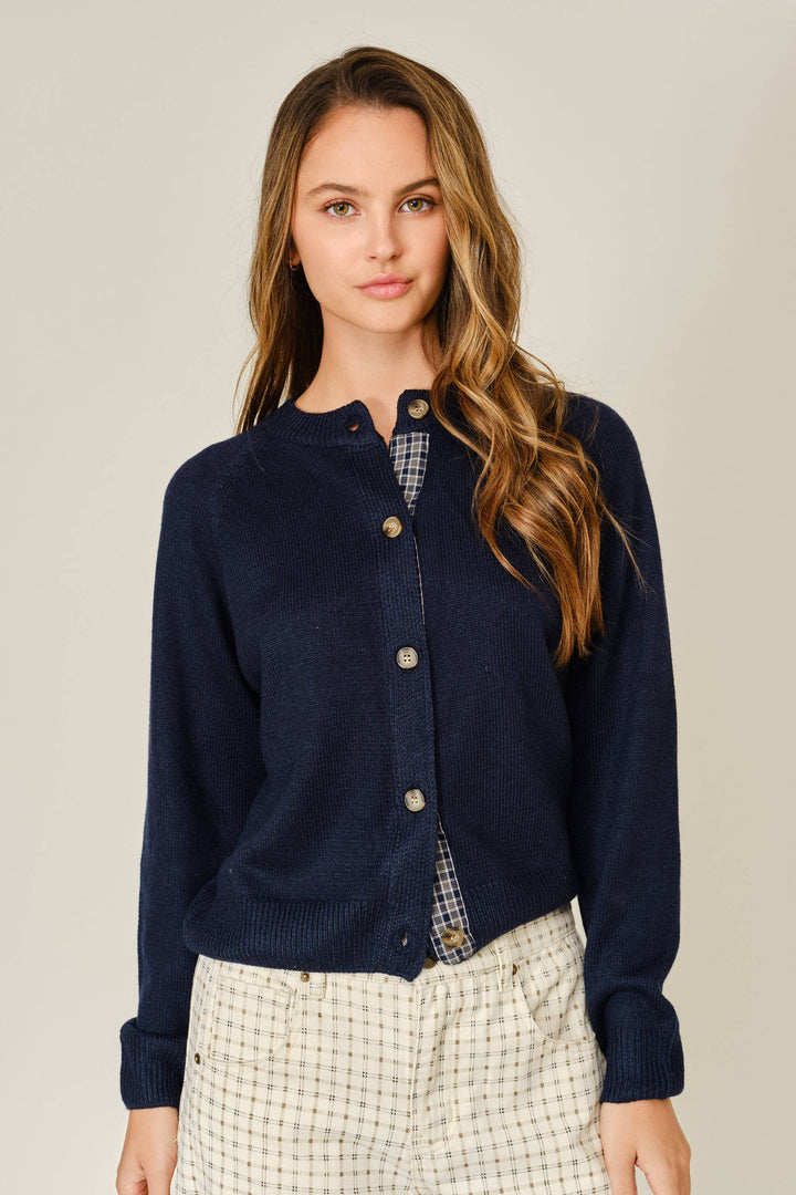 Plaid Placket Wool Blend Cardigan – Navy