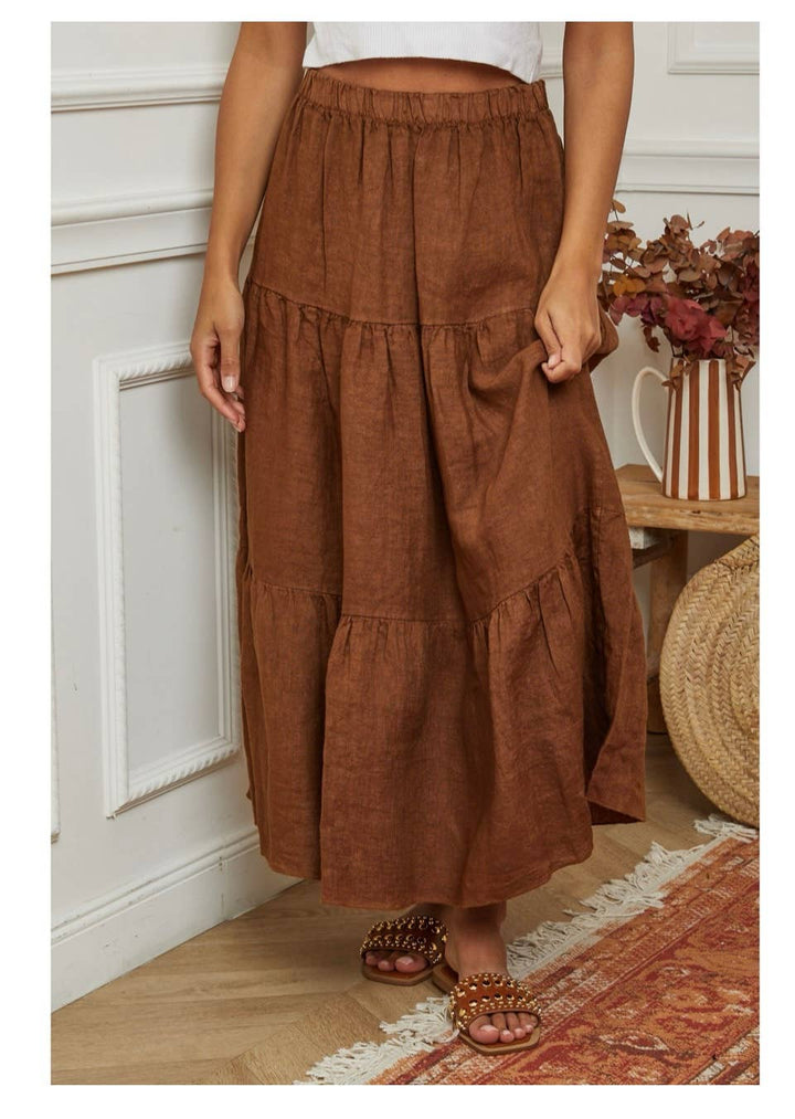 Italian Linen Tiered Maxi Skirt in Copper